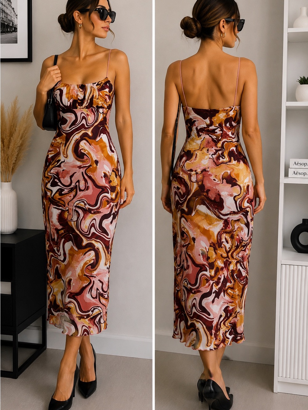 Abstract Marble Print Midi Dress ✨🤎